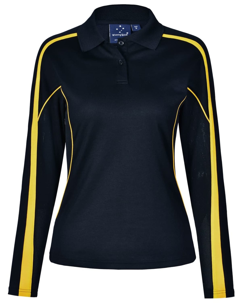A black long sleeve polo shirt with yellow accents and a logo on the chest.