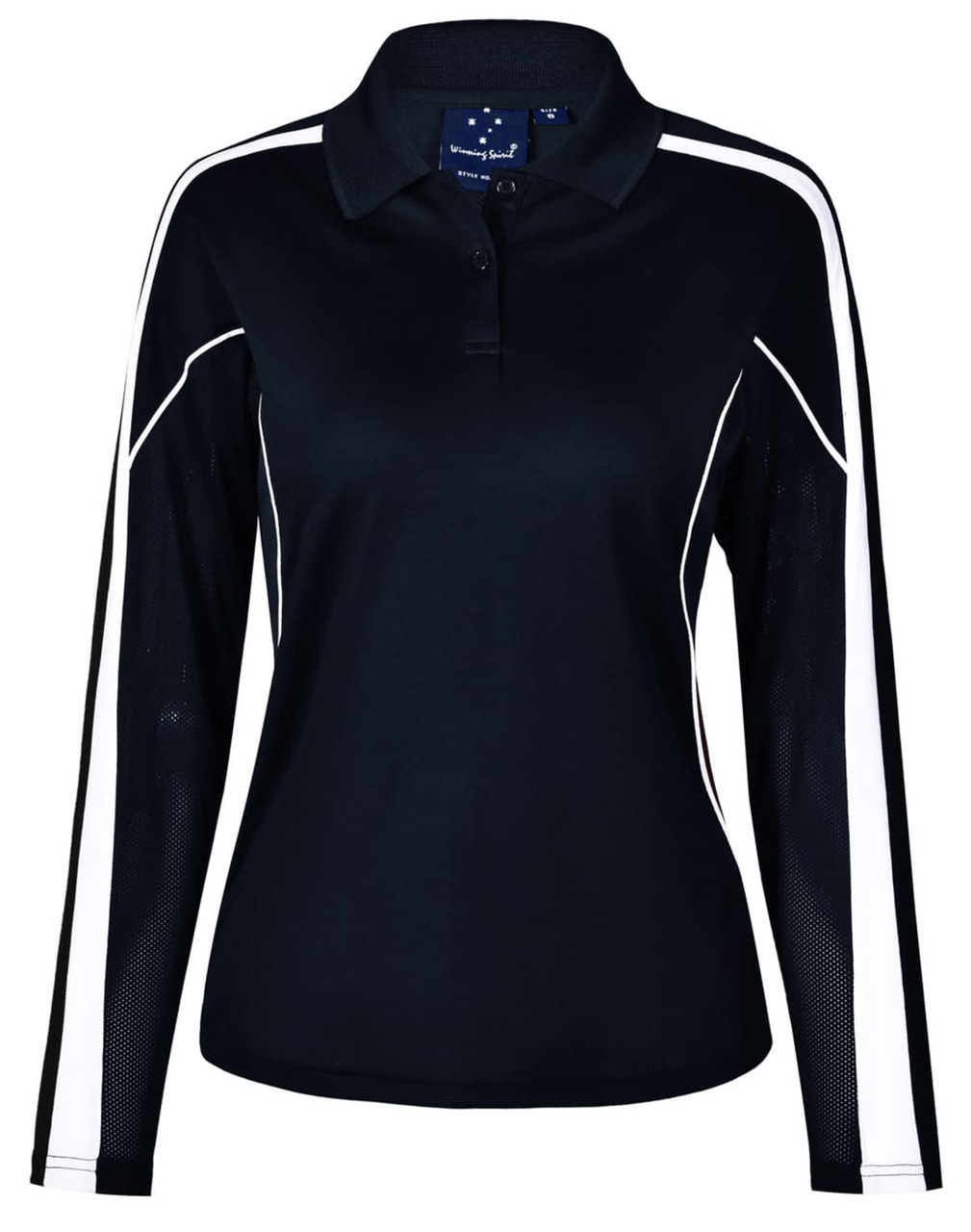 A black long sleeve polo shirt with white side stripes and a collar. Features a logo on the front.