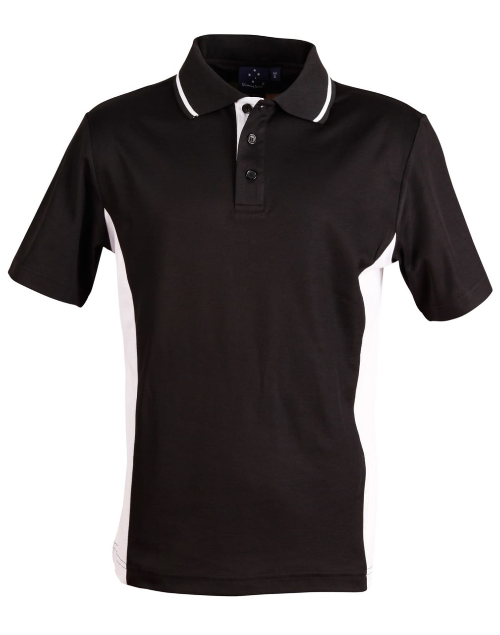A black and white polo shirt with short sleeves, featuring a collar and a logo.