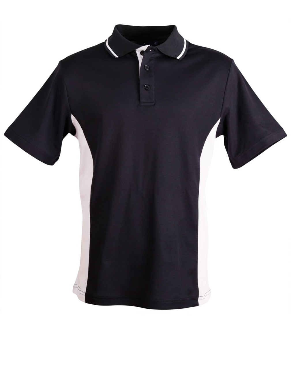 A black and white kids' polo shirt with a contrasting design and a logo on the left side.