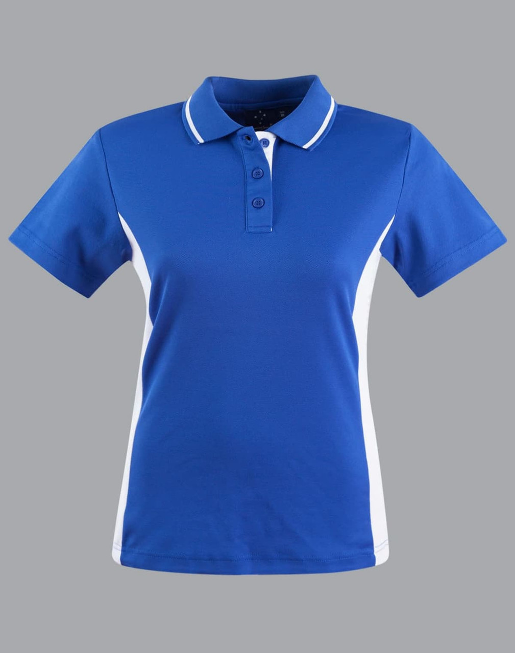 Ladies' TrueDry Contrast S/S Polo in vibrant blue with white side accents. Features a classic polo collar and three buttons.