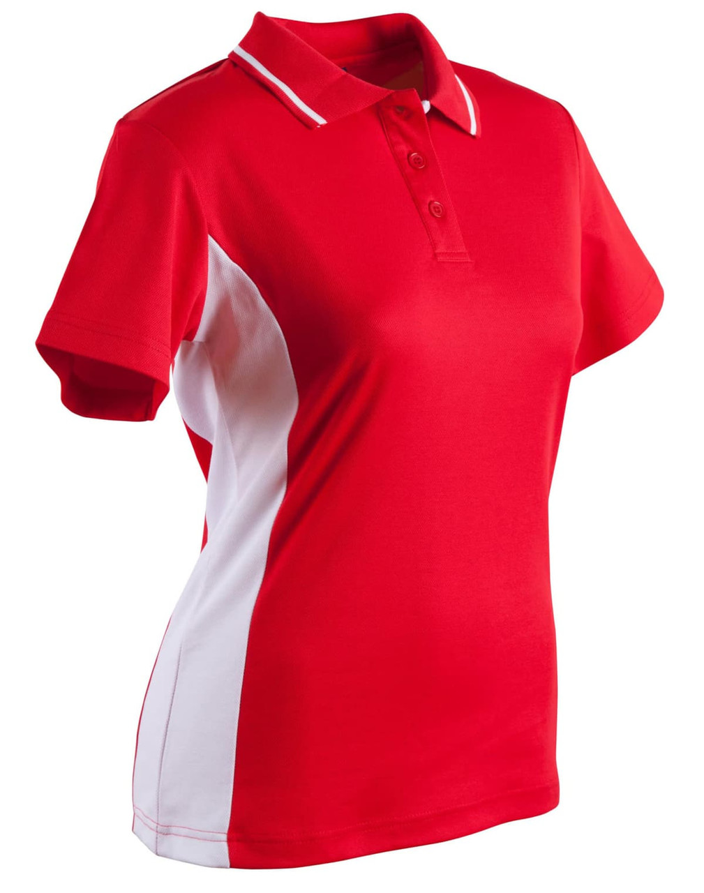 A red and white ladies' polo shirt with a short sleeve and a collar, featuring a logo.