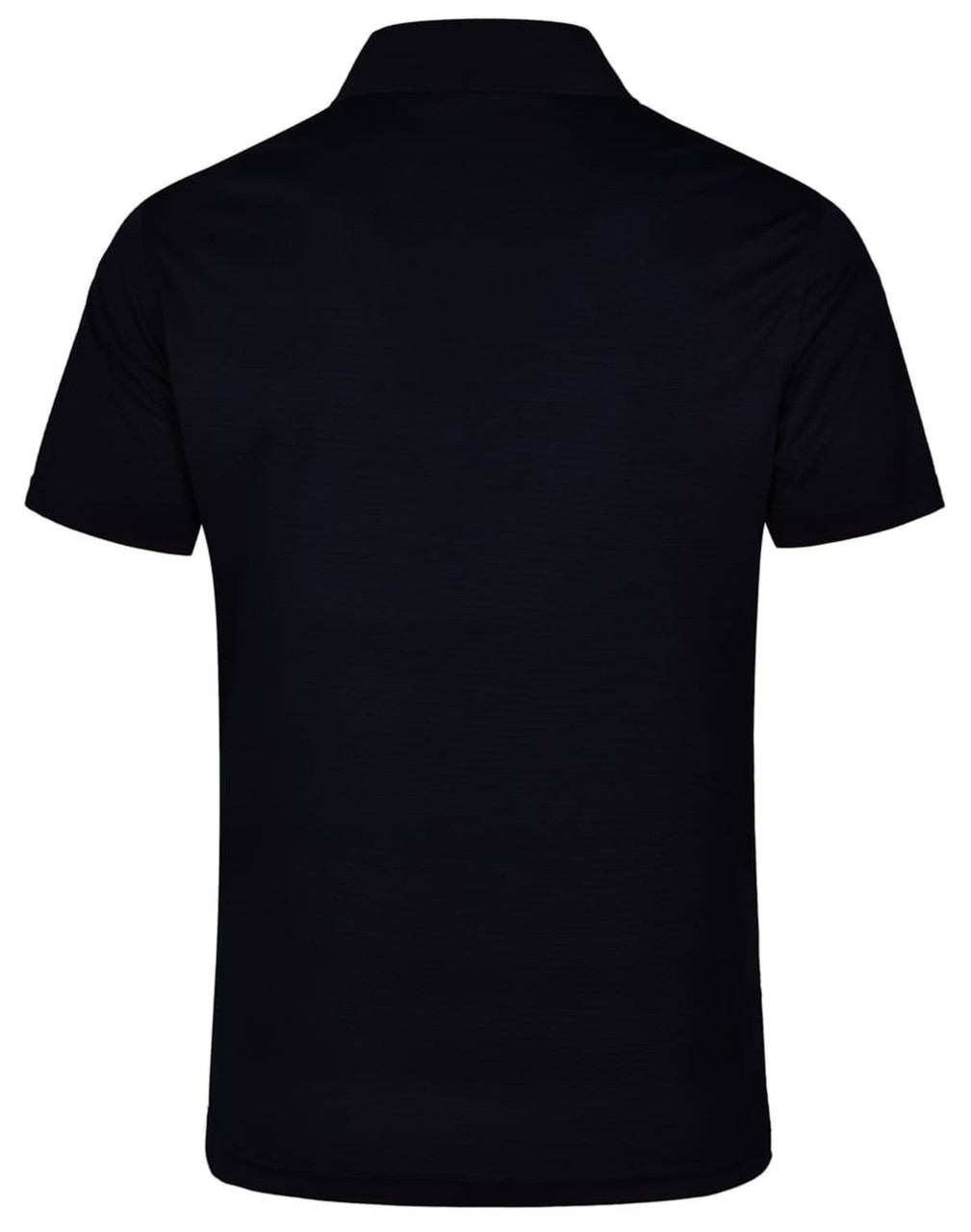 A black textured polo shirt featuring a collar and short sleeves, with a logo on the back.