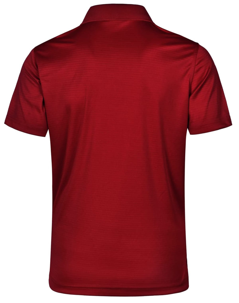 A red textured polo shirt with a classic collar and short sleeves, featuring a logo on the back.
