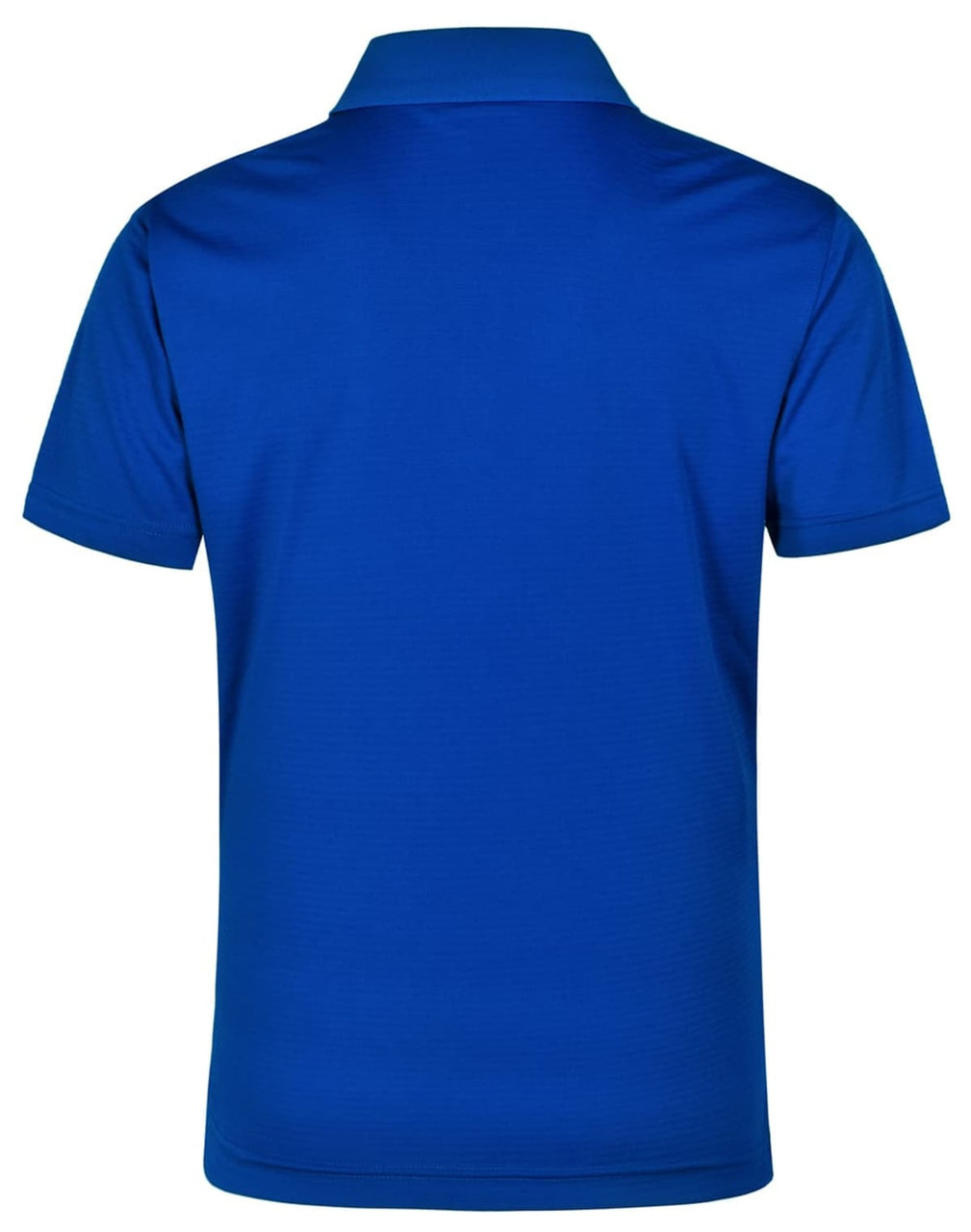 A blue men's polo shirt featuring a textured design and a collar. The back view shows short sleeves and a logo.