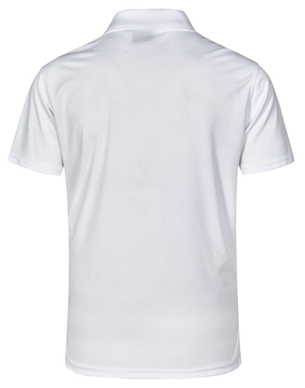 A white Men's Cooldry Textured Polo shirt featuring a collar and short sleeves, with a logo on the back.