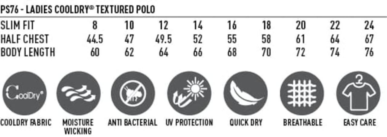 A textured polo shirt in various sizes featuring a logo, made with Cooldry fabric for breathability and moisture wicking.
