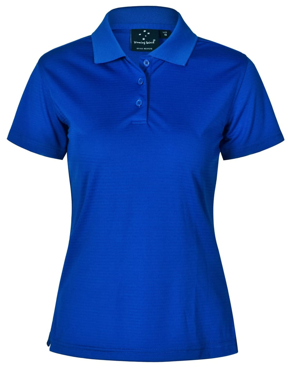 A ladies' textured polo shirt in vibrant blue, featuring a collar, button placket, and a logo on the chest.
