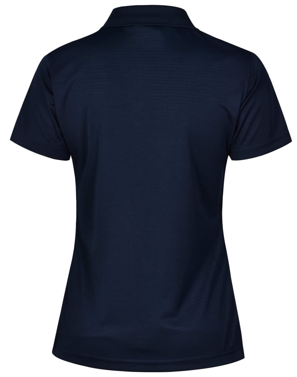 A navy textured polo shirt with a classic collar and short sleeves. It features a logo on the front.