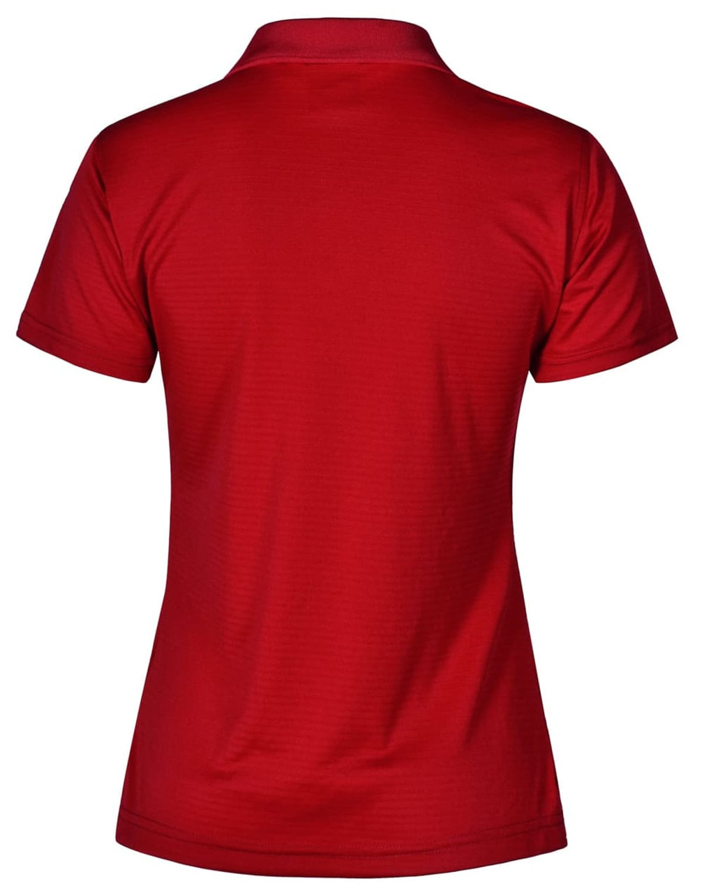 A red ladies' polo shirt with a textured finish and a logo on the back.