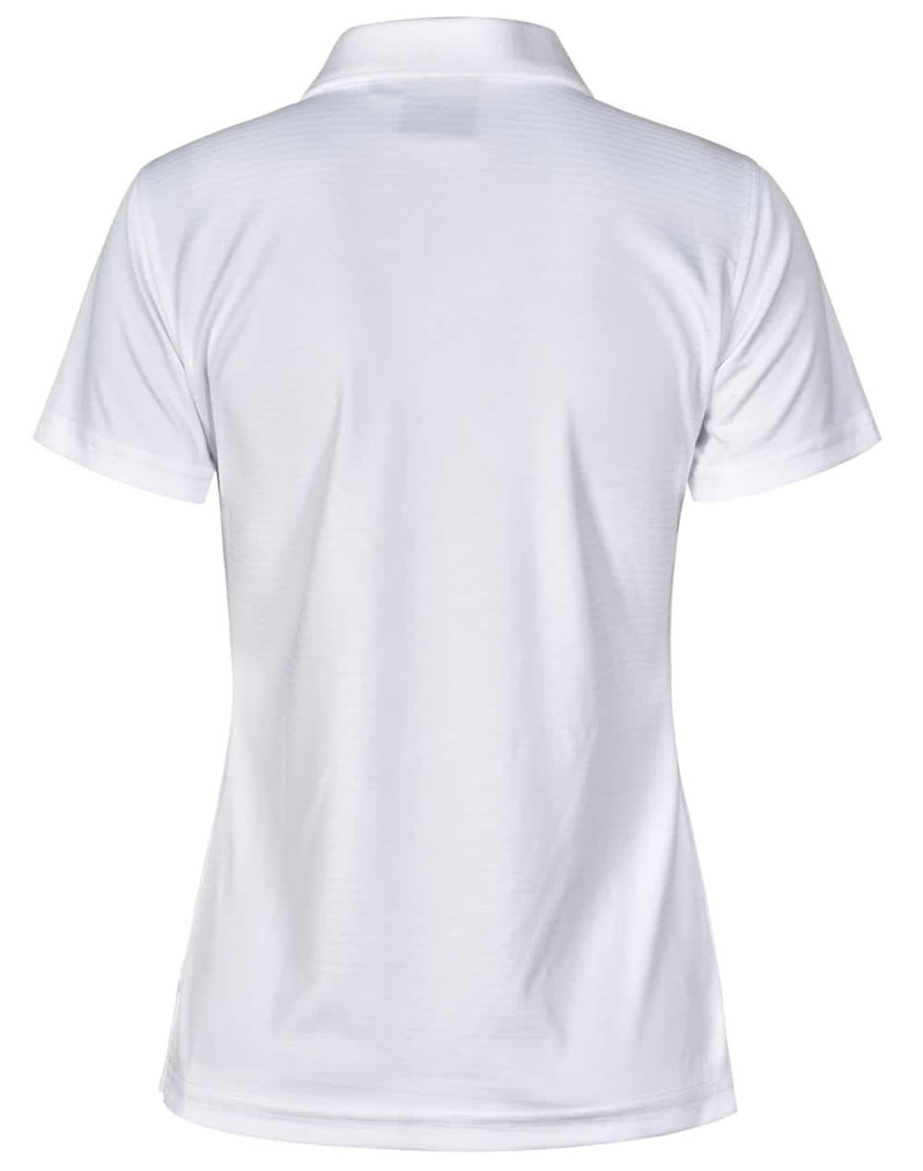 A white women's polo shirt with a textured fabric and a collar, featuring a branding logo.