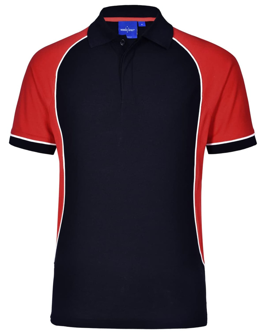A tri-colour polo shirt featuring black, red, and white panels with a collar and buttons. It has a logo on the chest.