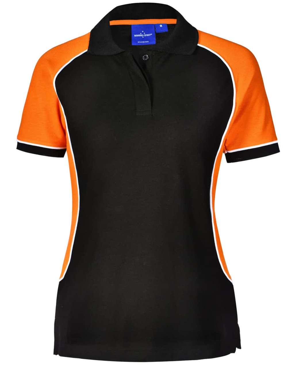 A black and orange ladies' polo shirt featuring short sleeves and a contrasting trim, with a logo on the collar.