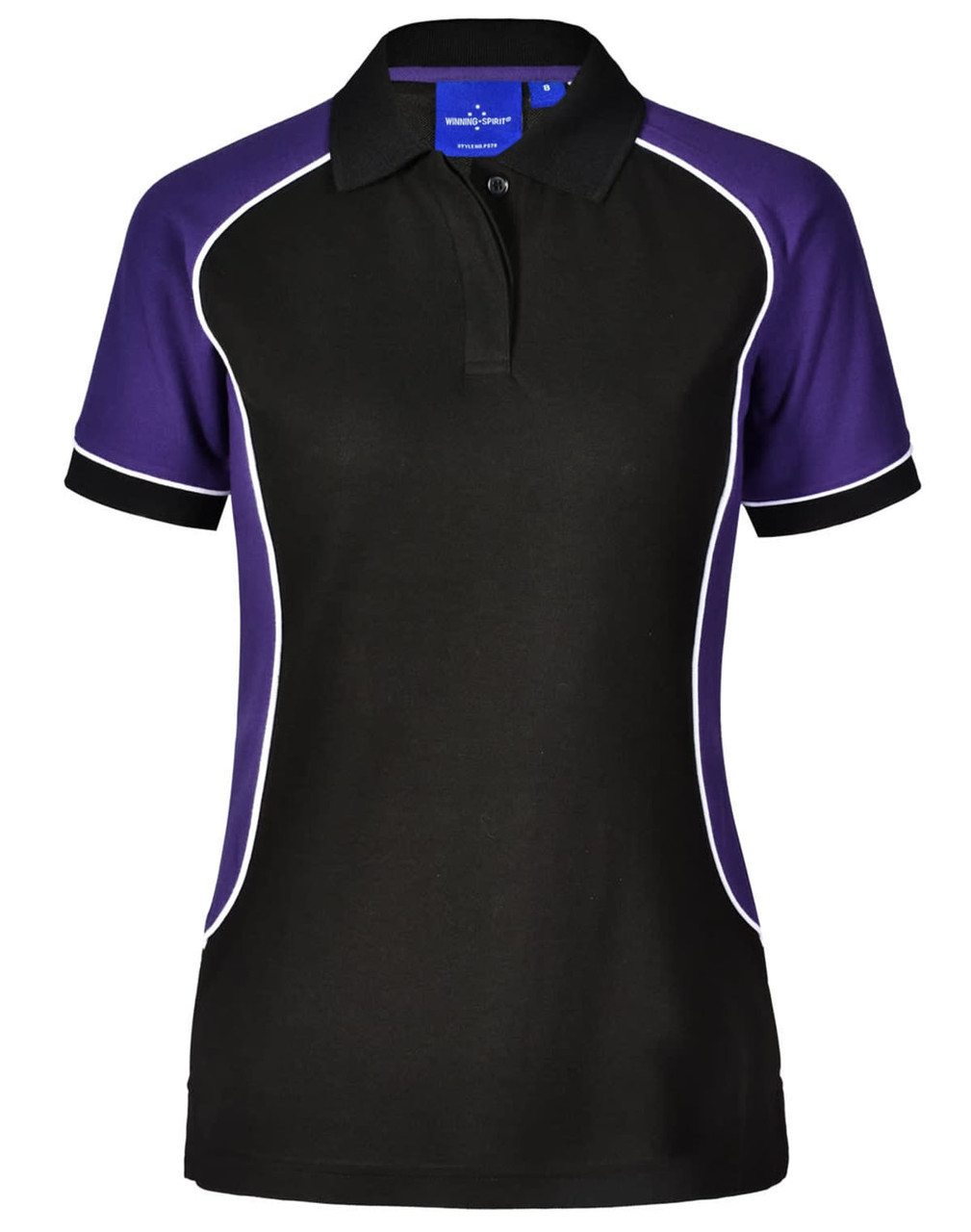 A ladies' polo shirt in black and purple with contrasting white piping and a collar. It features a logo.