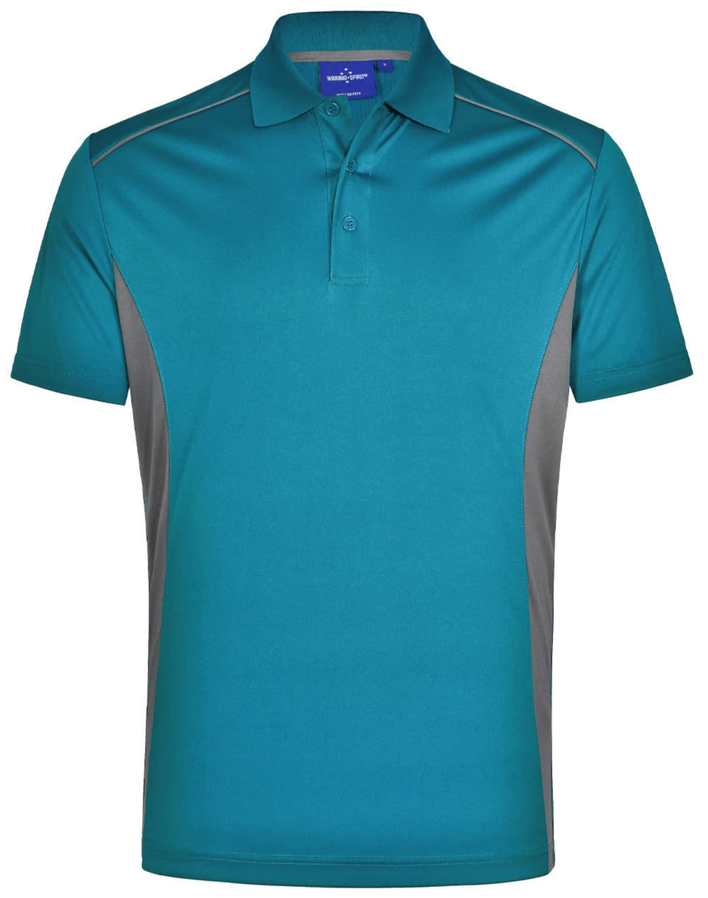 A teal and grey men's polo shirt with short sleeves and a collar, featuring branding on the neckline.