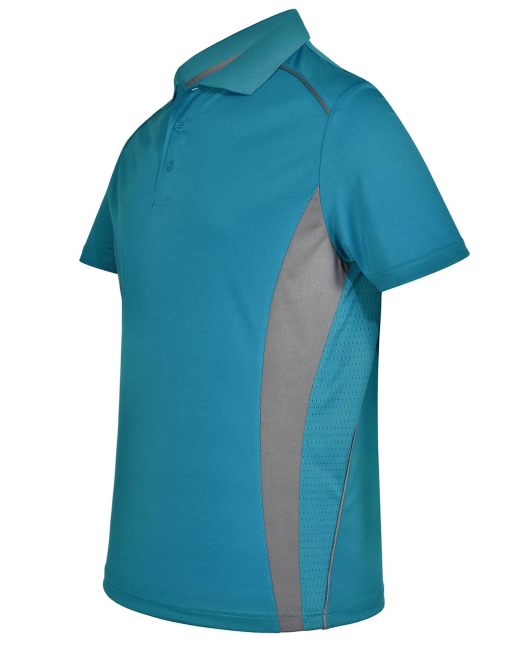 A teal and grey men's polo shirt featuring a logo, with contrast mesh detailing on the sides.
