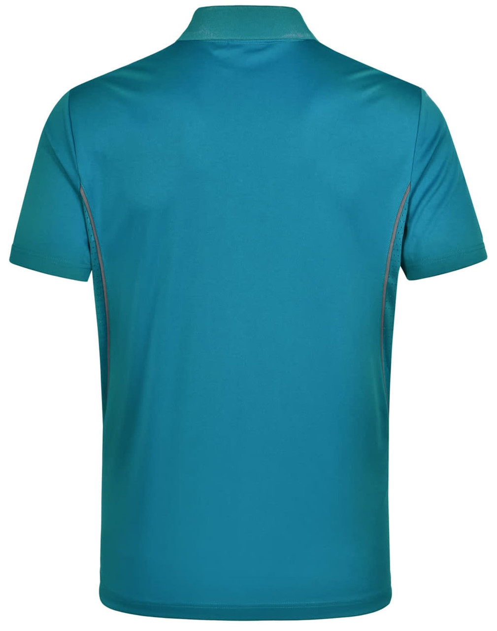 A teal polo shirt featuring short sleeves and contrast detailing, with a logo on the back.