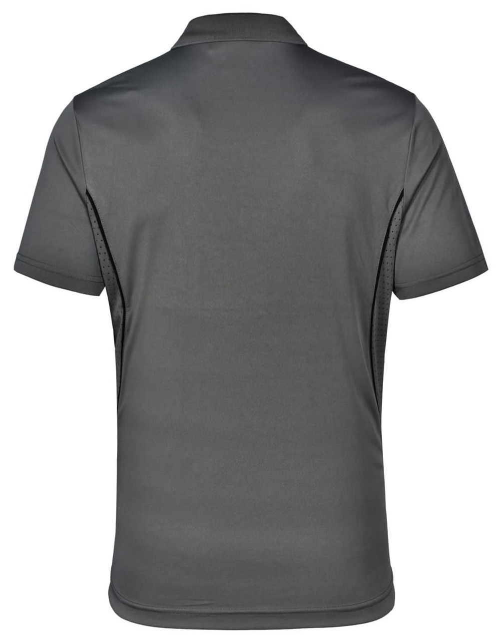 A men's short-sleeve polo shirt in dark grey with a contrasting design, featuring breathable mesh panels and a logo.