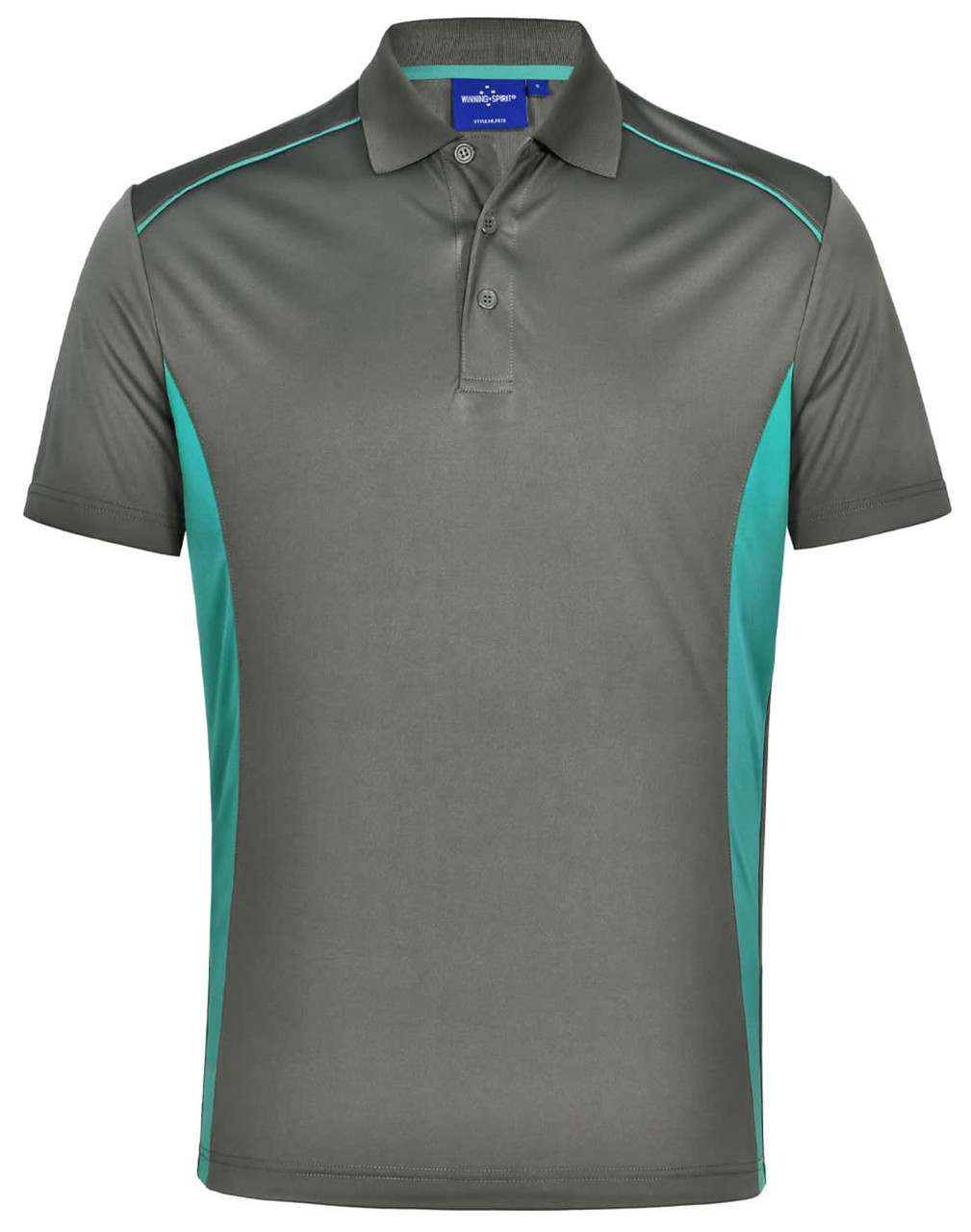 A short-sleeved polo shirt in grey with contrasting teal panels and a collar. Includes a branding logo.