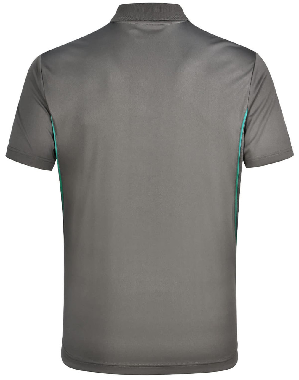 A men's short-sleeve polo shirt in grey with contrasting teal accents, featuring a collar and a logo.