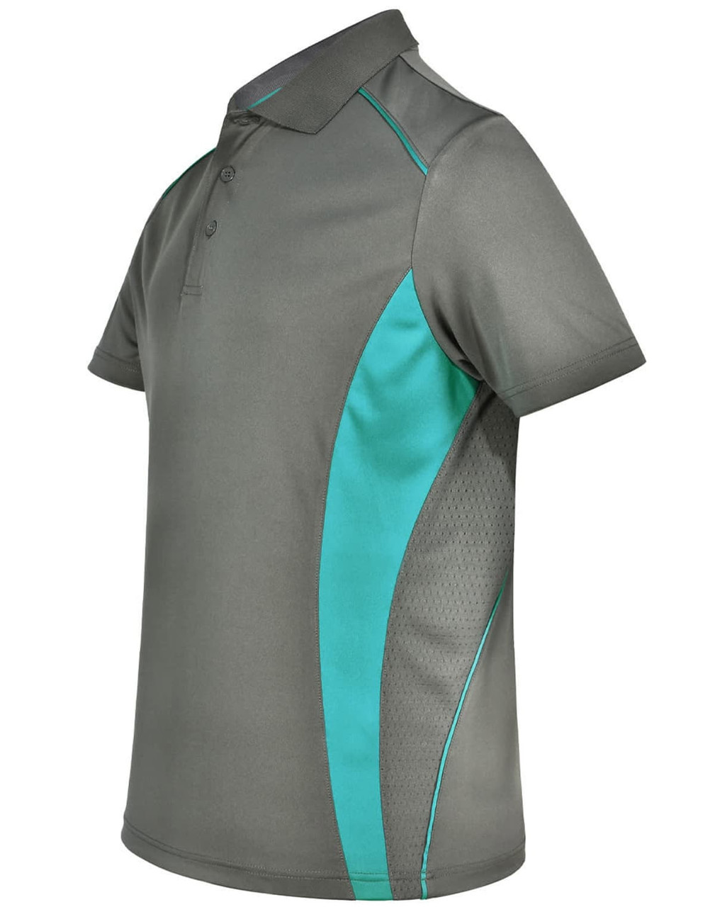 A grey polo shirt featuring teal contrast panels and a logo. Made from Cooldry fabric with short sleeves.