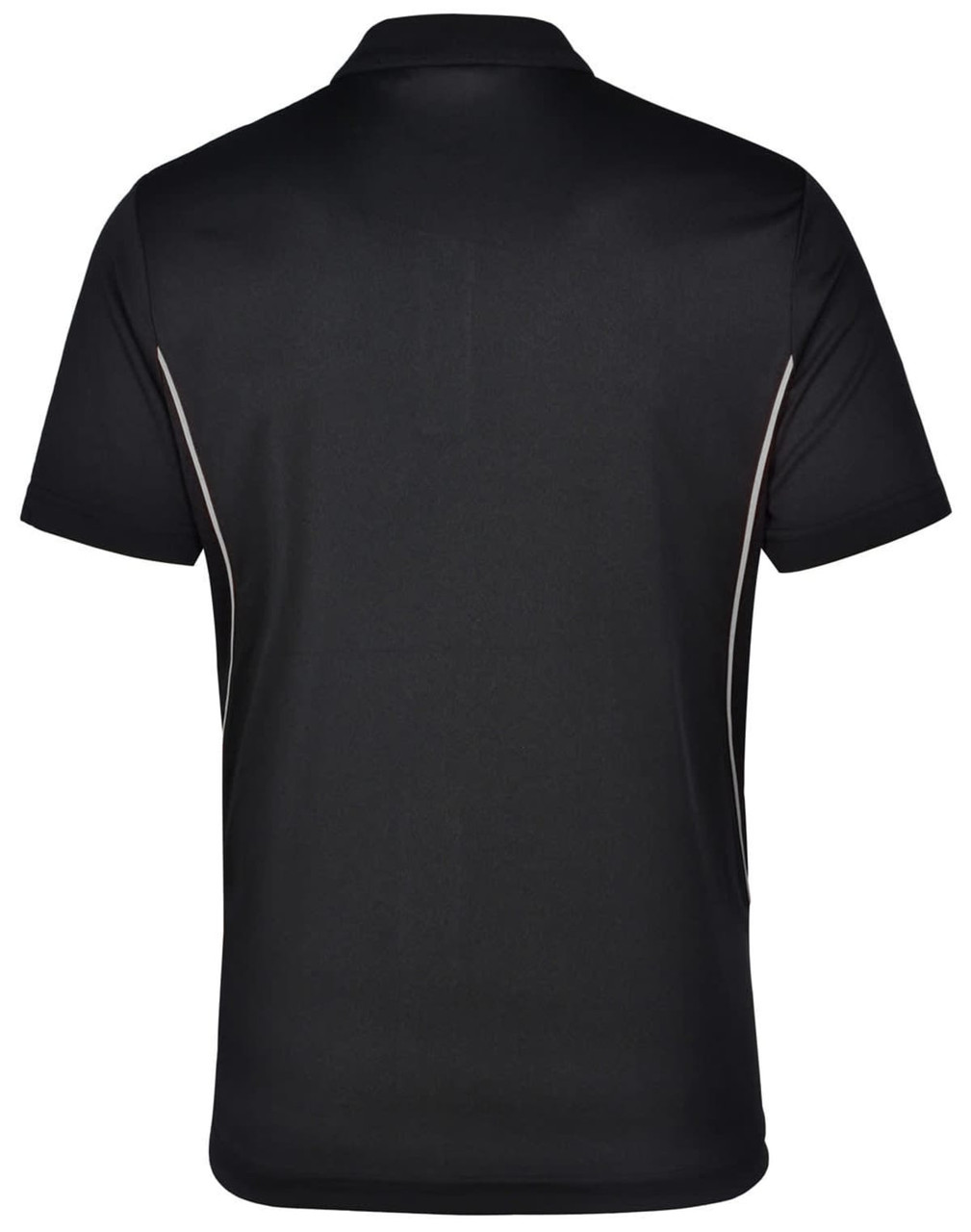 A black polo shirt with contrast detailing and a logo on the neckline. The back view shows a smooth, sleek fabric.