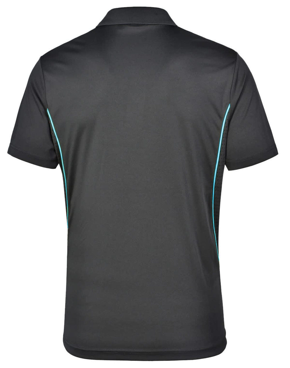 A black men's polo shirt featuring contrast detailing in a turquoise shade, with a logo on the back.