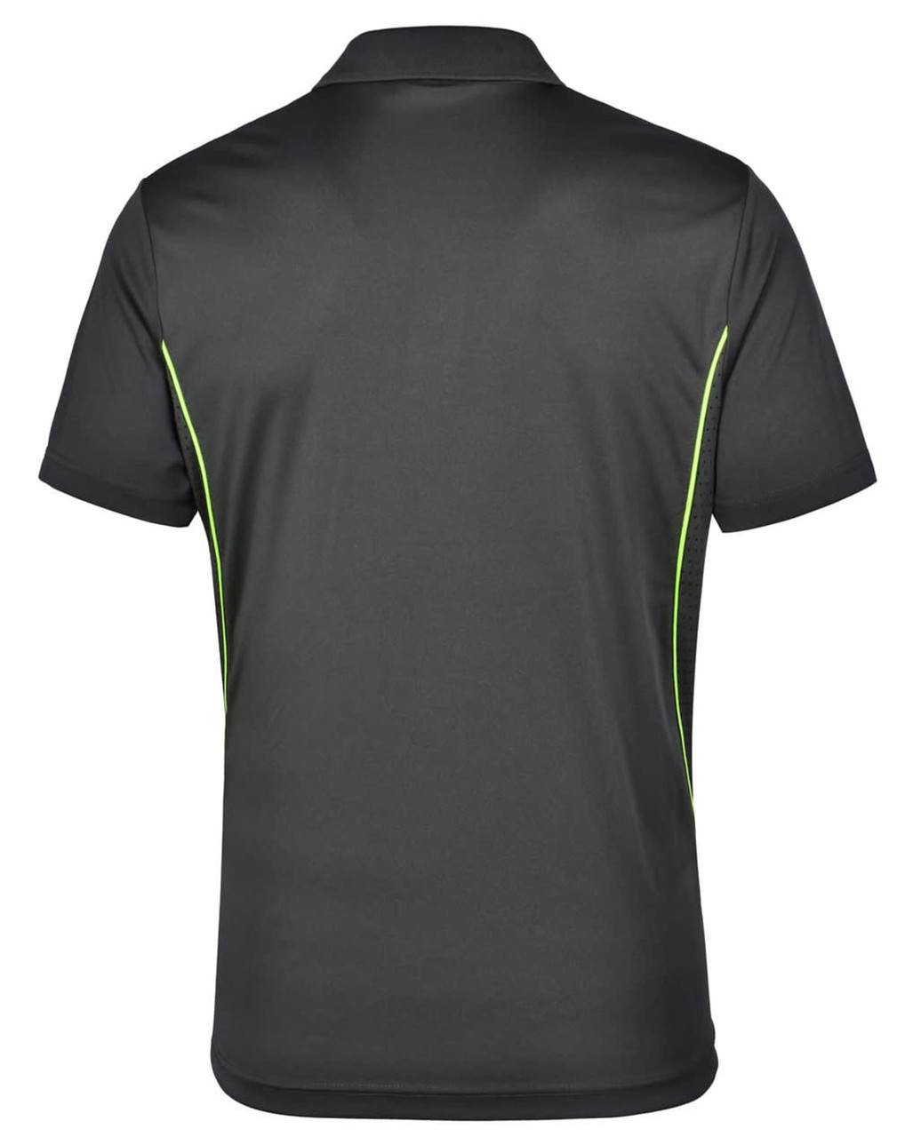 A black polo shirt with contrast green piping and a logo on the back. Suitable for casual or sport wear.