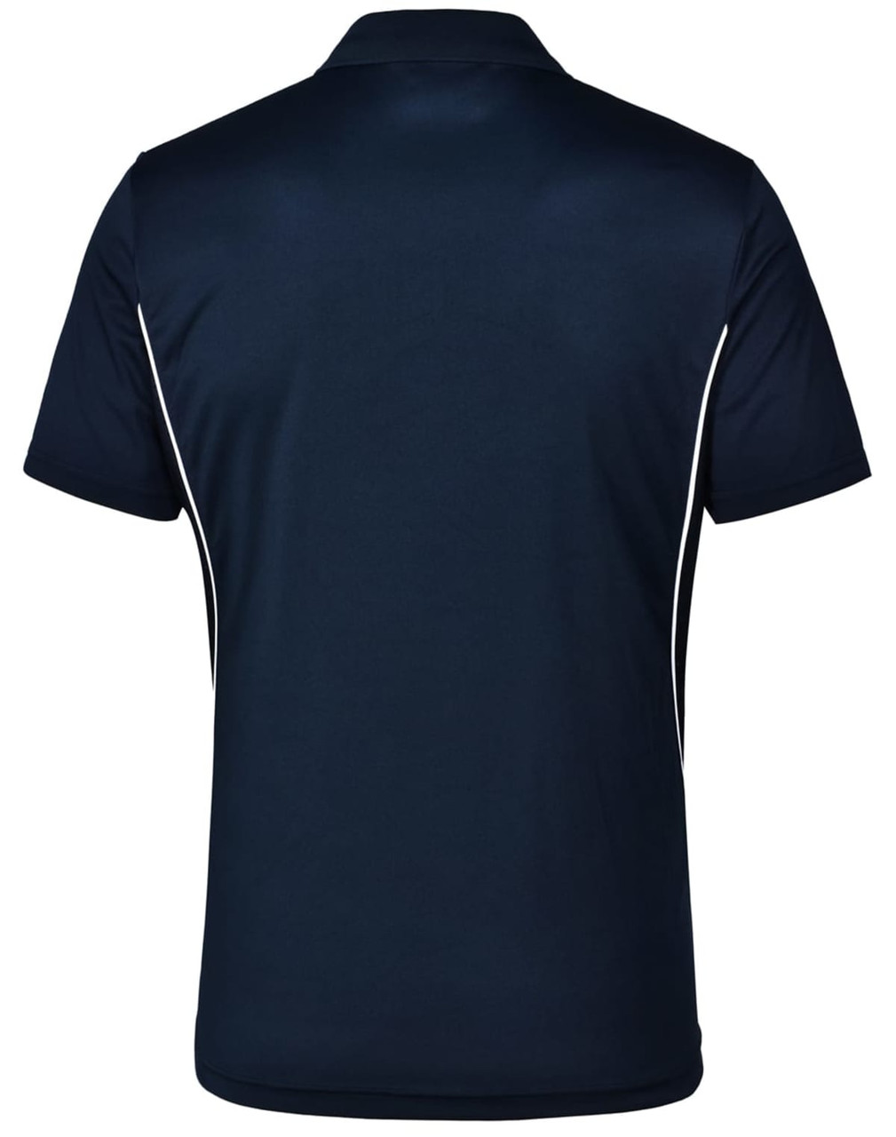 A navy blue polo shirt with contrast white piping and a logo on the back. Made from Cooldry material.