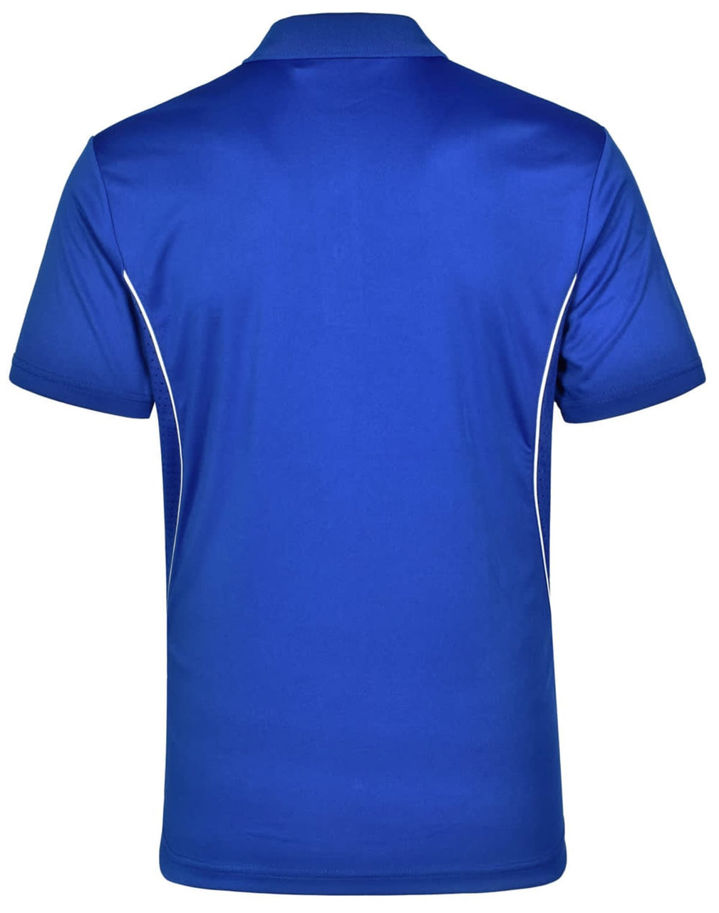 A blue Men's Cooldry S/S Contrast Interlock Polo shirt featuring white accents and a logo.