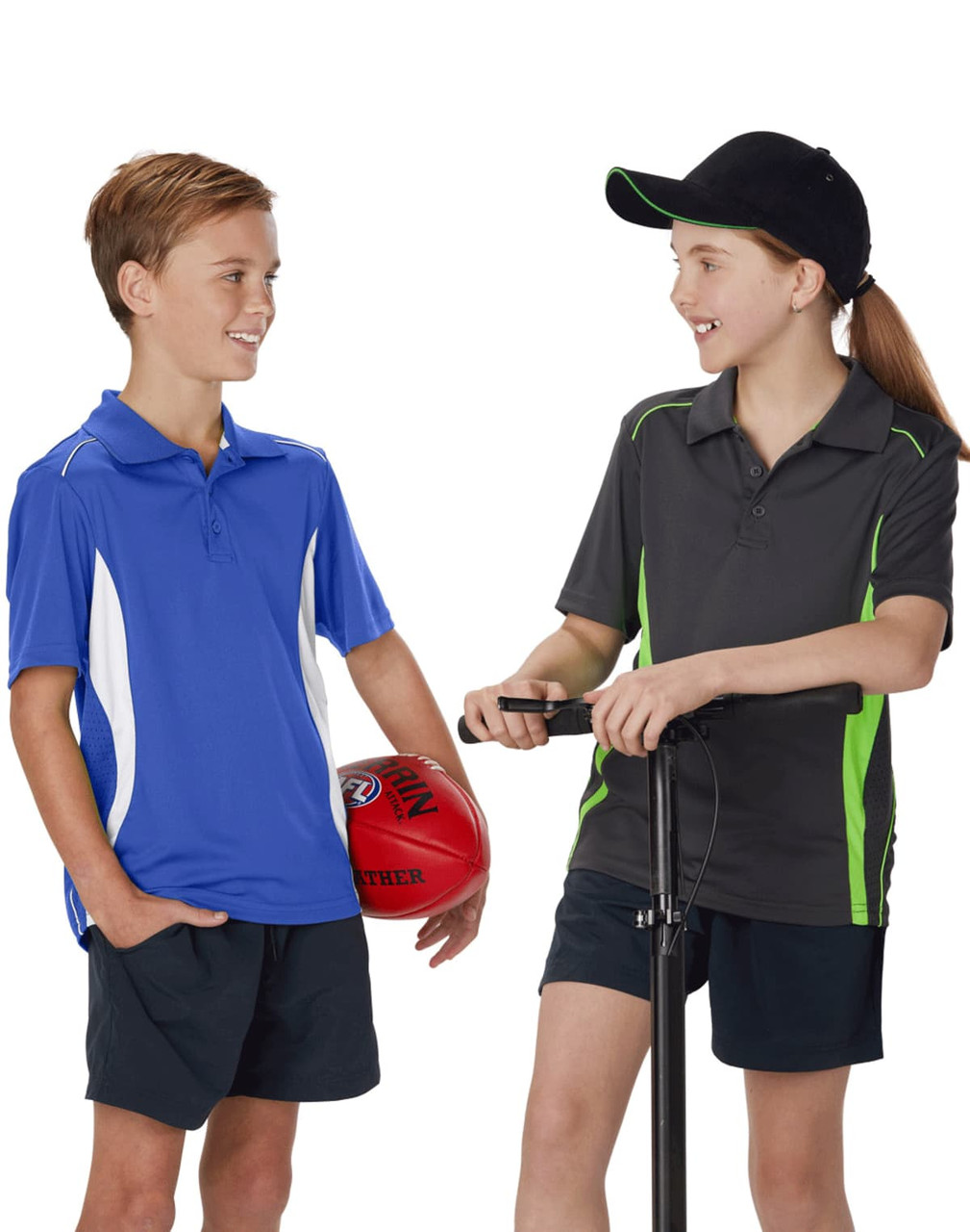 Two children wearing polo shirts: one in blue with white accents and one in charcoal with green accents.