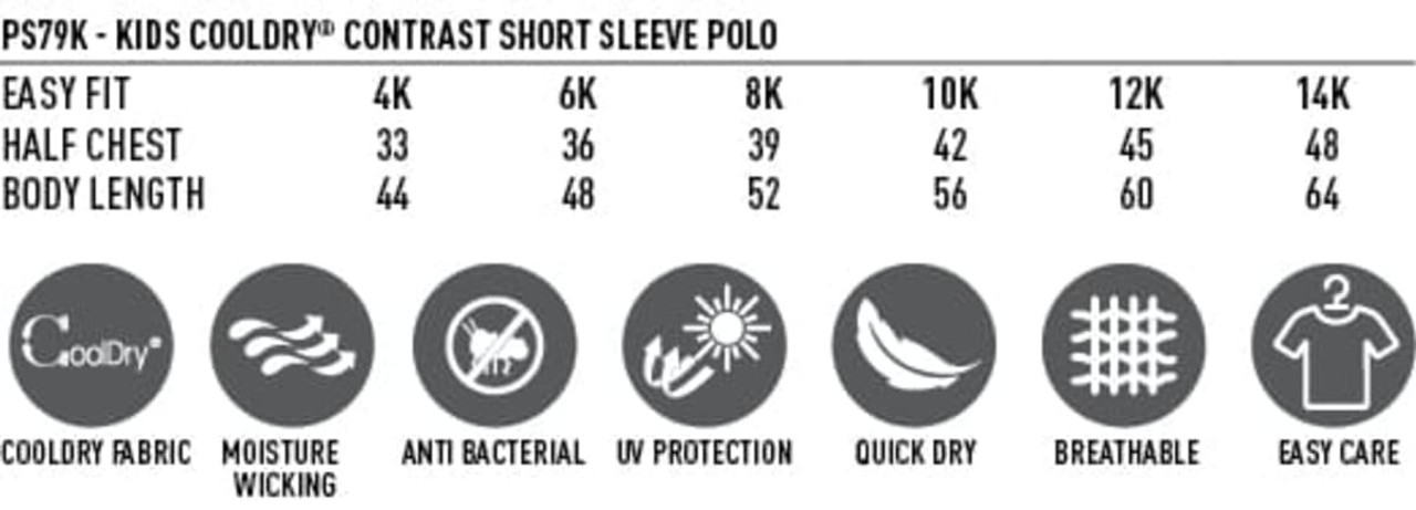 A Kids' Cooldry S/S Contrast Interlock Polo in various sizes, featuring easy care fabric and a logo.
