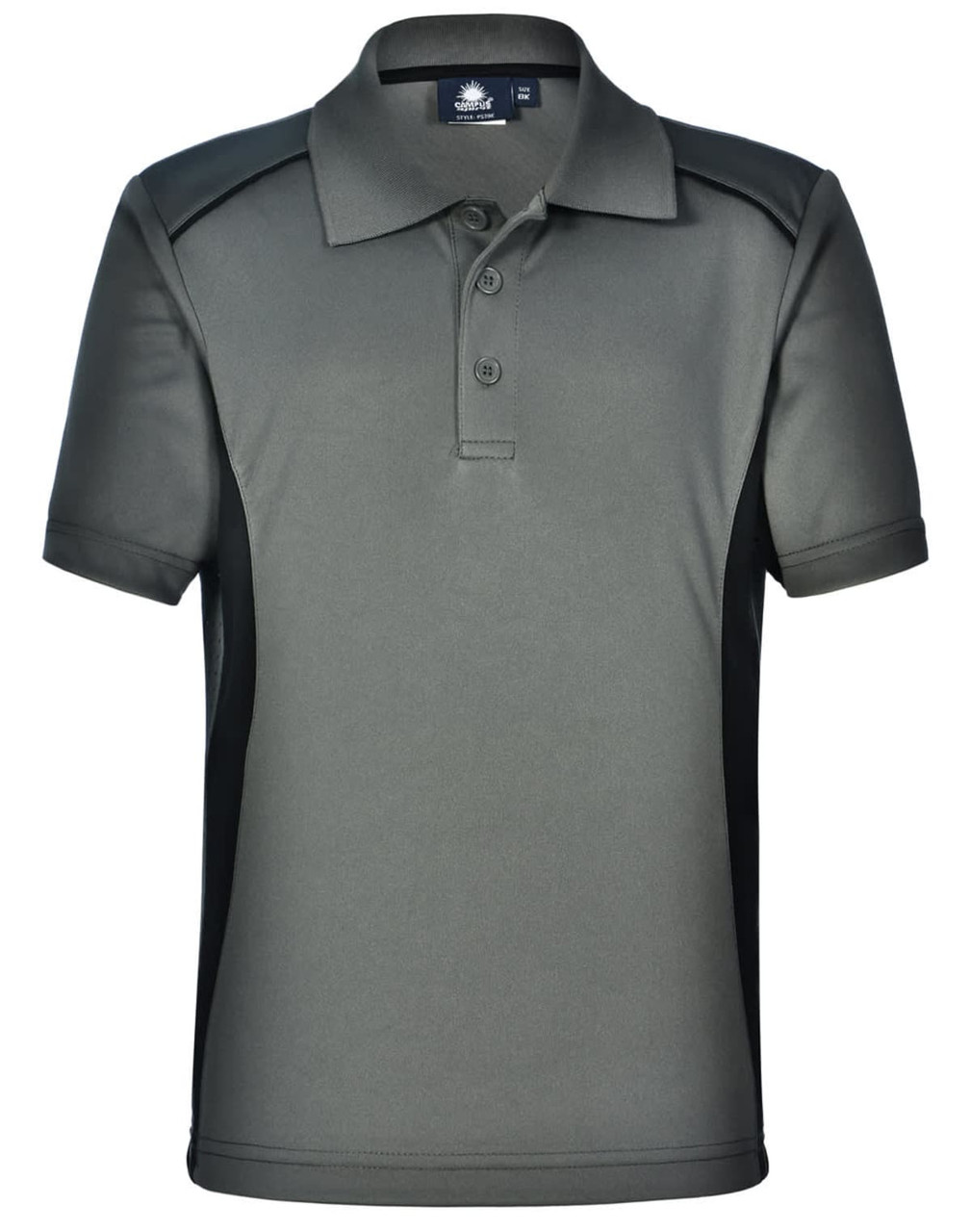 A grey kids' polo shirt with black contrast panels and a collar, featuring a logo on the upper area.
