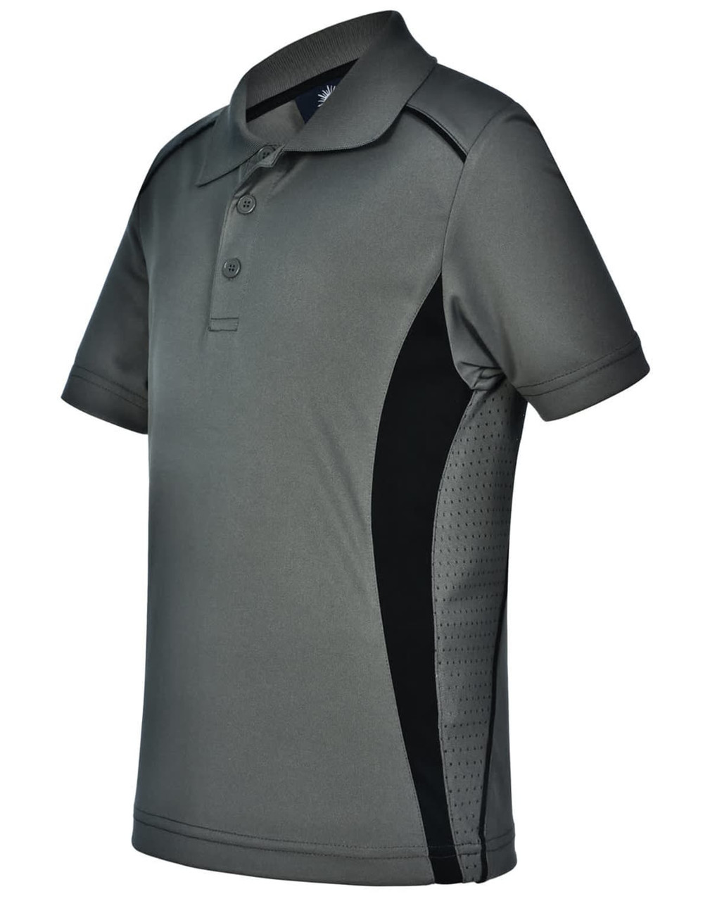 A grey kids' polo shirt with black contrast panels and a logo, featuring short sleeves and a classic collar.