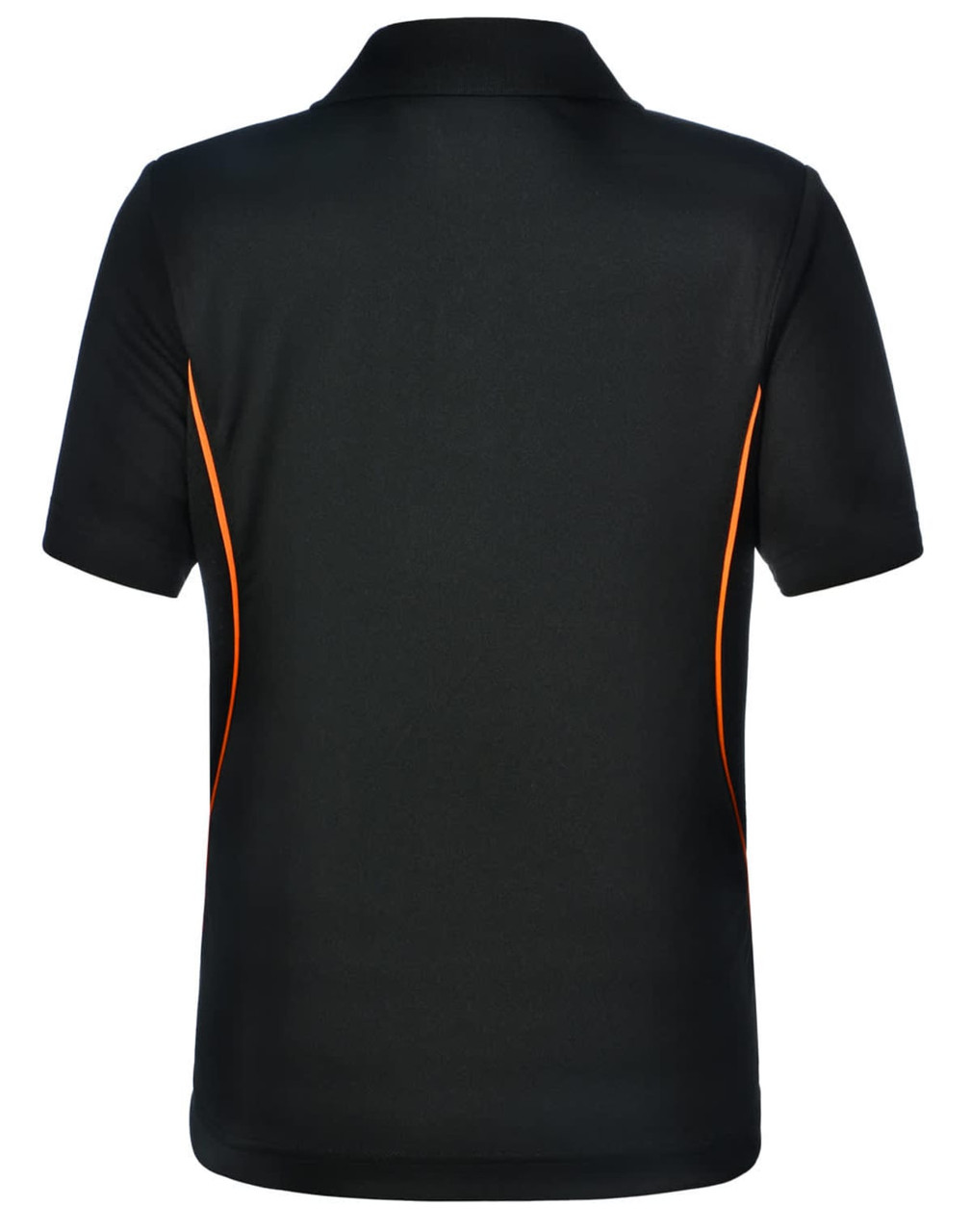 A black polo shirt with orange contrast piping and a logo on the chest. Suitable for kids.