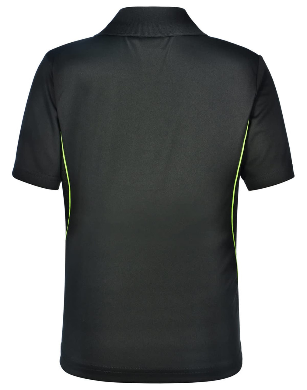 A black short-sleeve polo shirt featuring contrasting neon green side trims and a brand logo on the back.