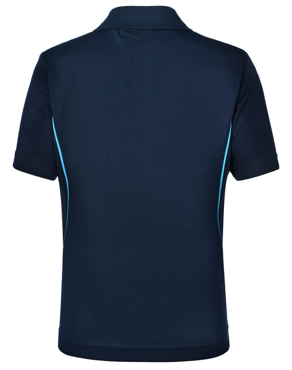 A navy blue kids' polo shirt featuring contrasting light blue accents and a logo.