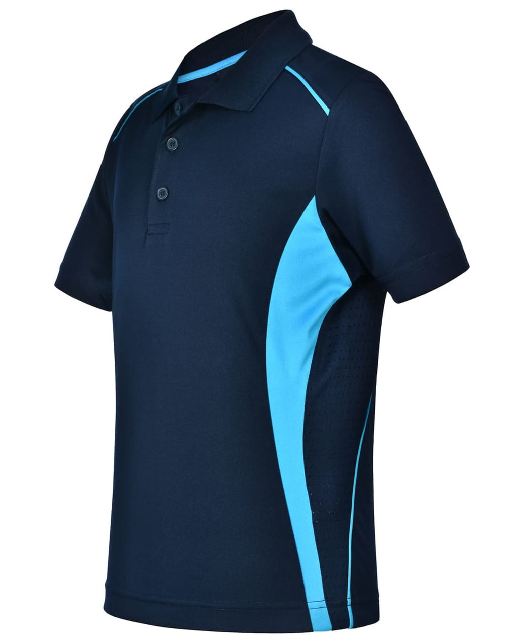 A navy blue polo shirt featuring light blue contrast panels and a branding logo. Short sleeves and a collar.