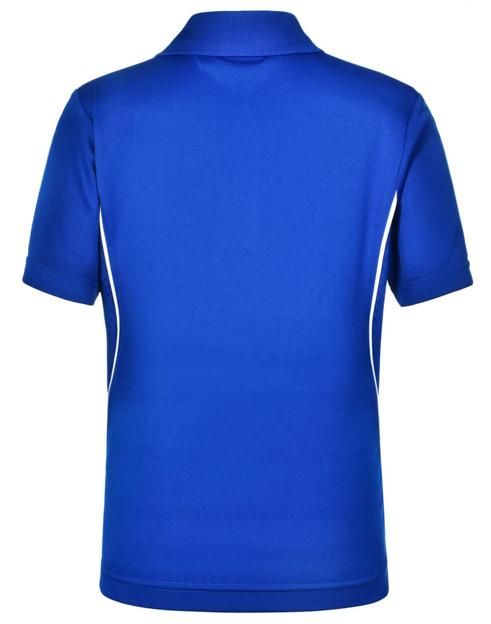 A blue Kids' Cooldry S/S Contrast Interlock Polo shirt featuring white piping and a logo on the back.