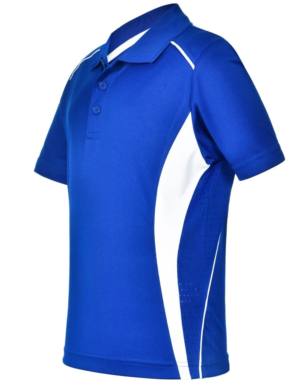 A blue kids' polo shirt with white contrast panels and a collar, featuring a logo on the front.