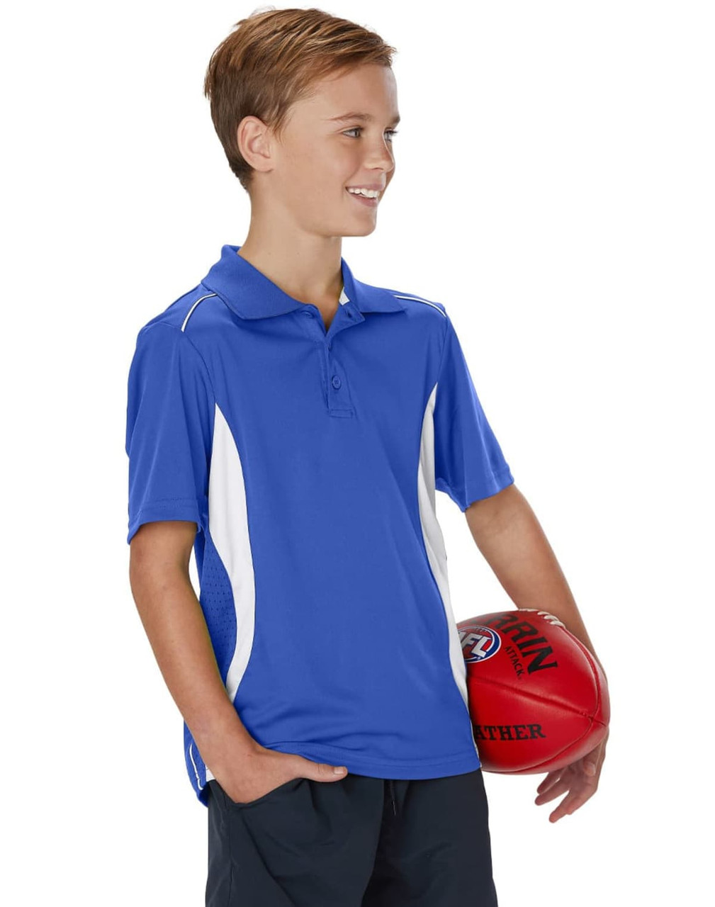A boy wearing a blue polo shirt with white accents, holding a red football. The shirt features a logo.