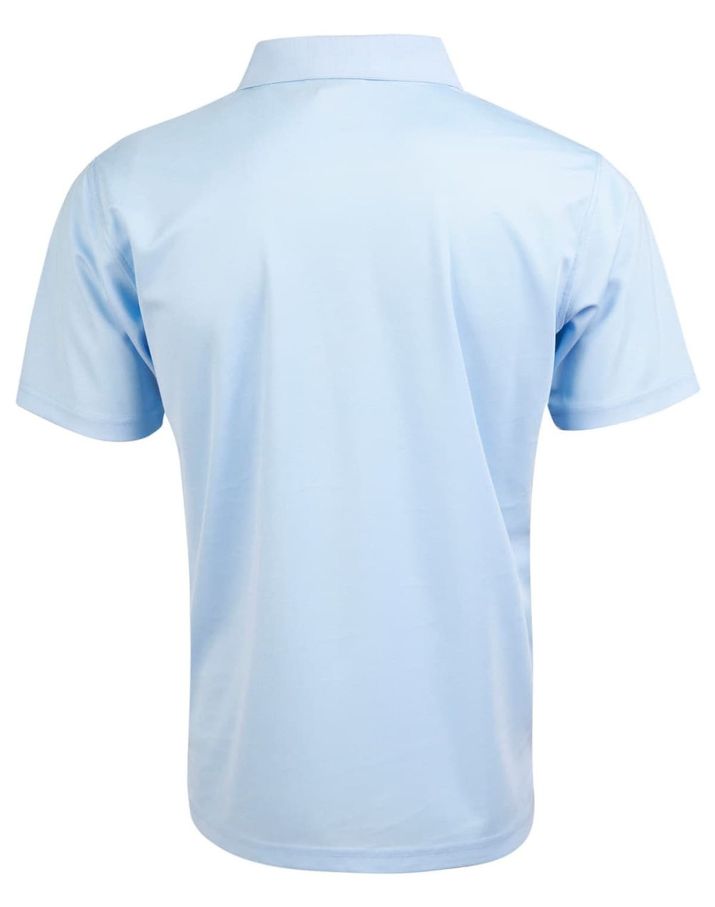 A light blue men's polo shirt with short sleeves, featuring a classic collar and a logo.