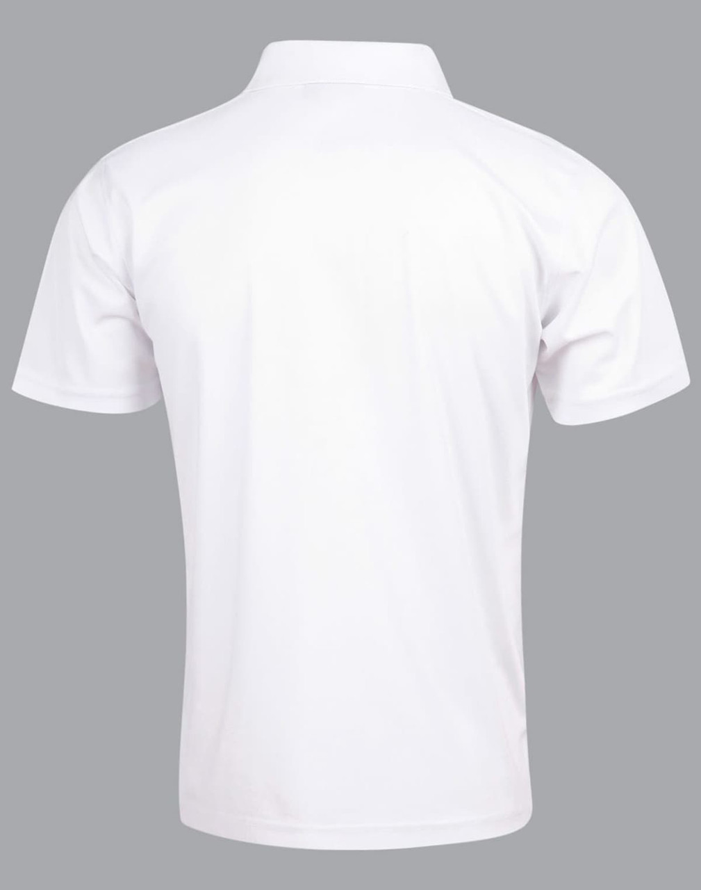 A white men's polo shirt featuring a classic collar and short sleeves, with a logo on the back.