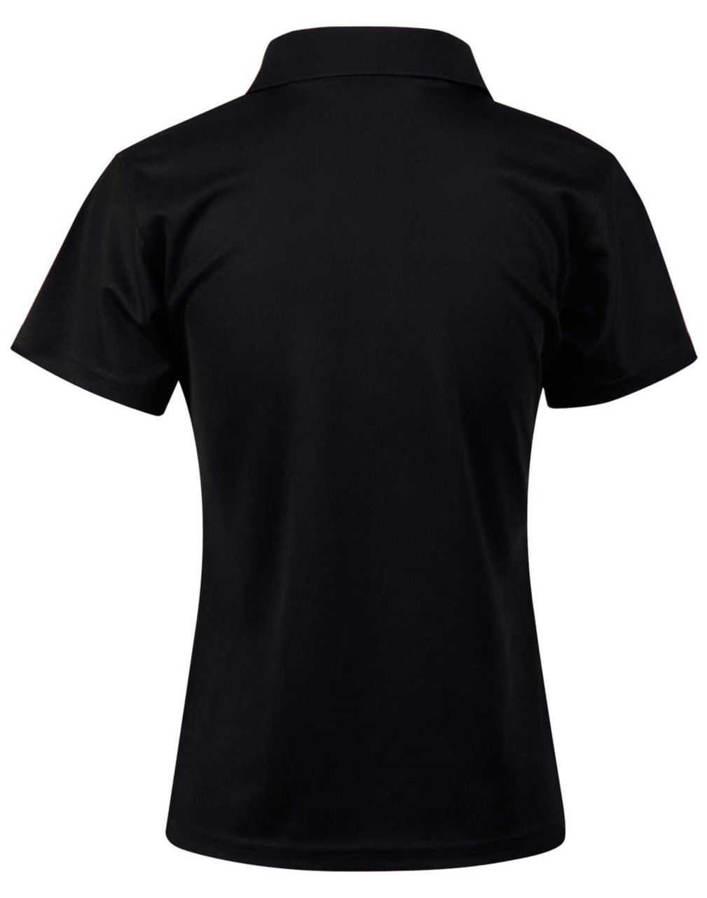 A black ladies' polo shirt with short sleeves and a classic collar, featuring a logo on the back.