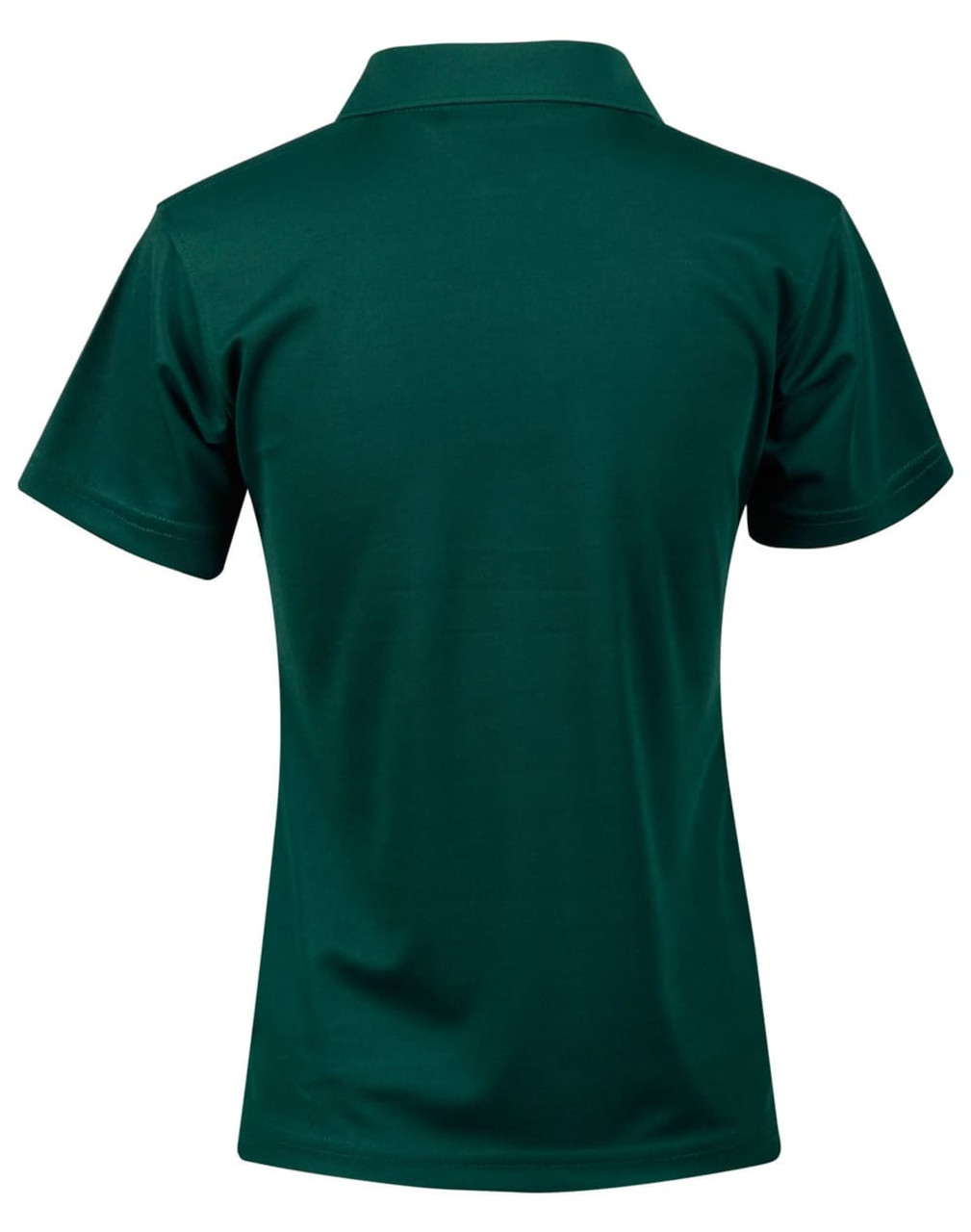 A short-sleeve polo shirt in green, featuring a classic collar and smooth texture, with a logo on the back.