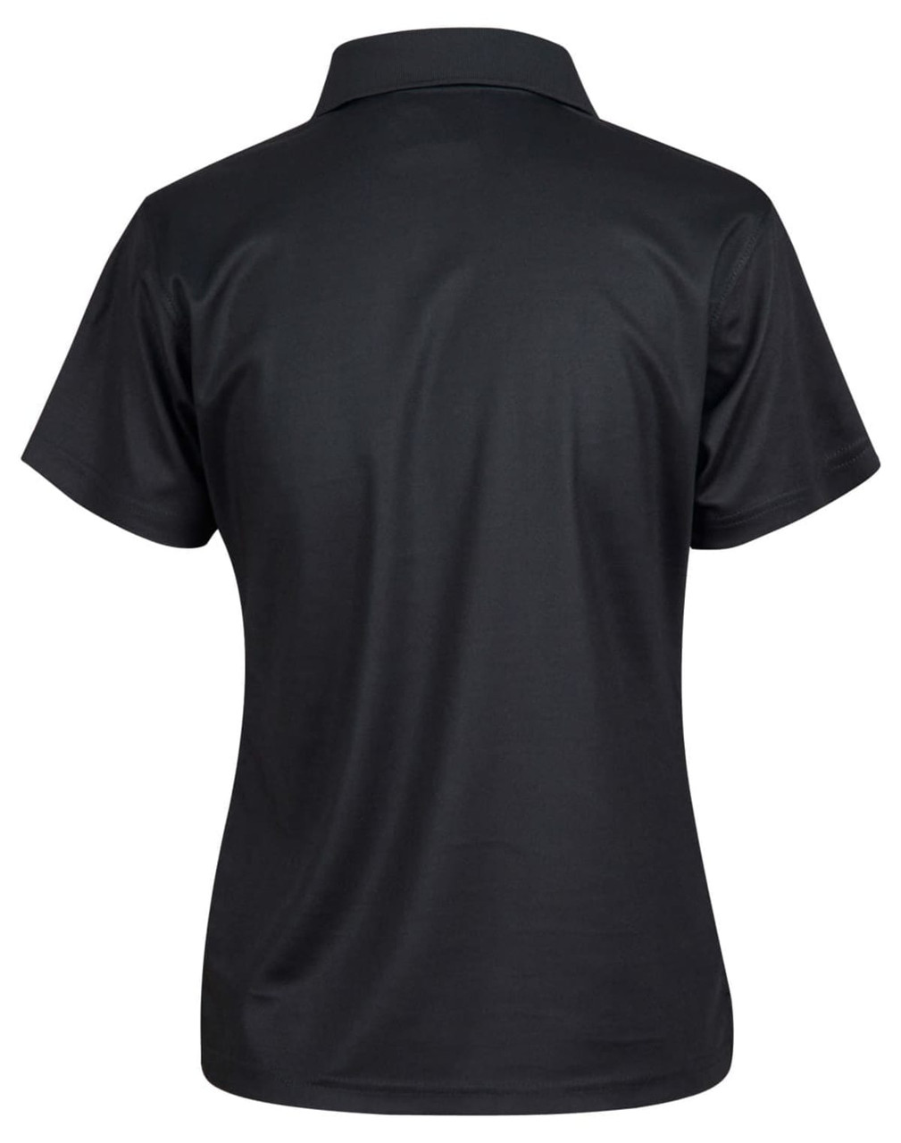 A black short-sleeved polo shirt with a collar, featuring a logo on the back.