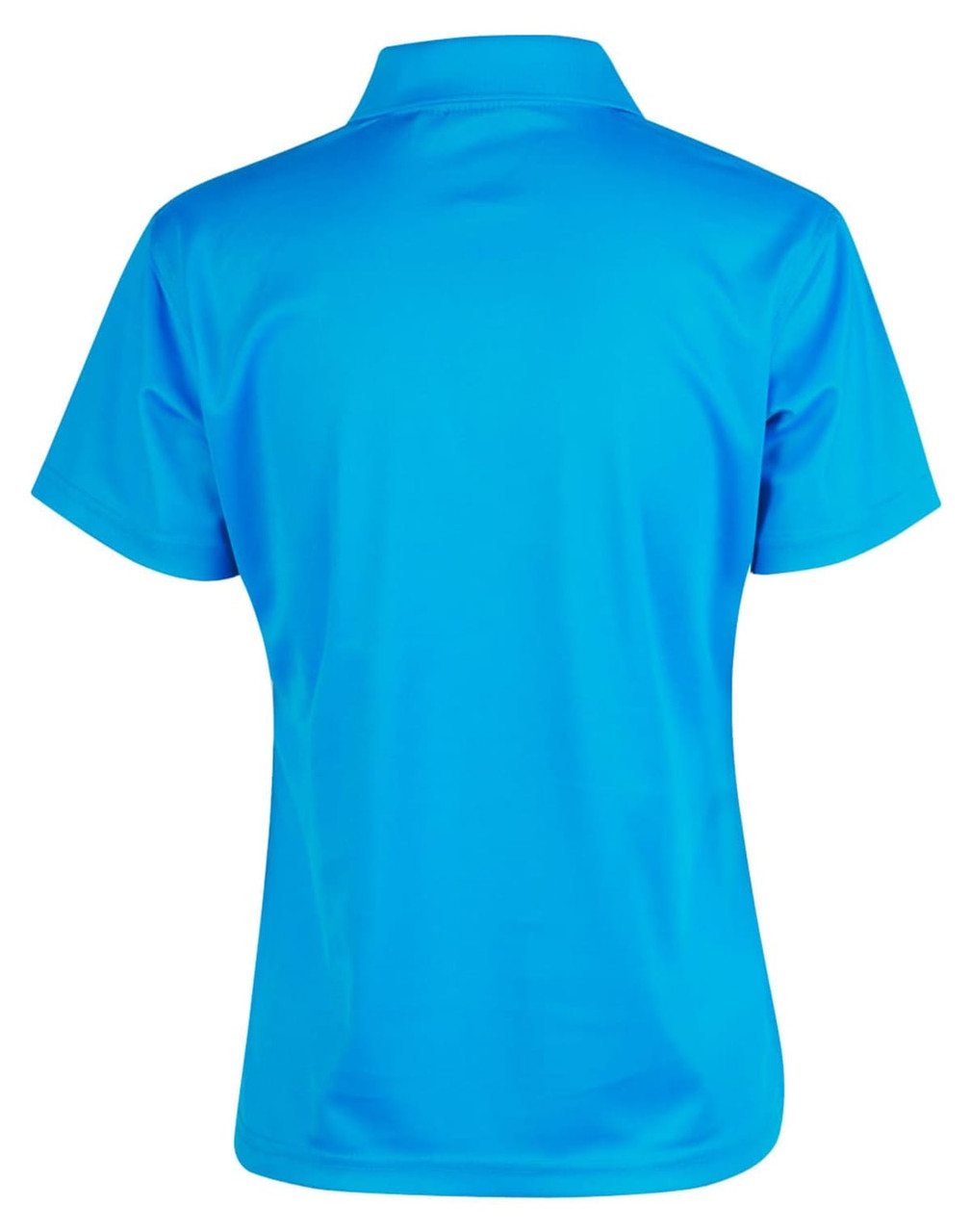 A blue short-sleeved polo shirt with a plain design and a collar, featuring a logo on the back.
