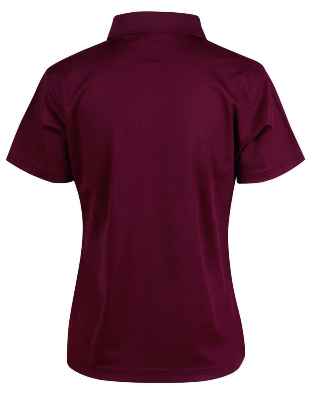 A burgundy ladies' polo shirt with a short sleeve and a standard collar, featuring a logo on the back.