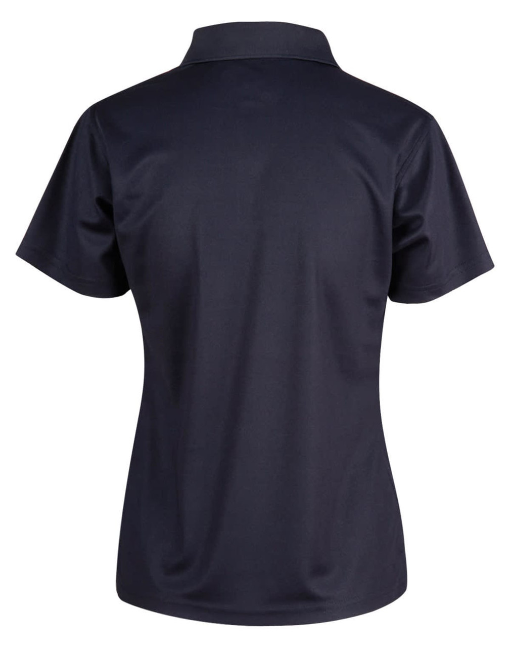 A navy blue ladies' short-sleeve polo shirt featuring a smooth fabric finish and a collar. Includes a logo.