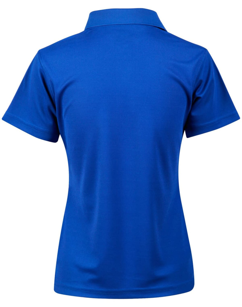 A blue ladies' short-sleeve polo shirt featuring a collar and a plain back. It has a logo at the back.